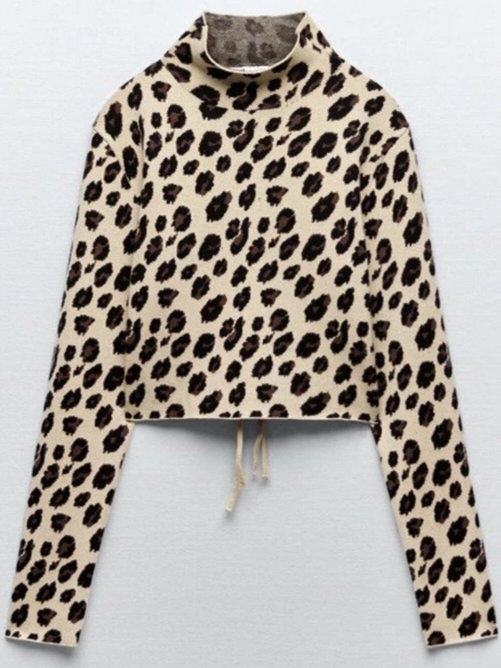 Zara Animal Print Cropped Backless Long Sleeve Mock Neck Sweater